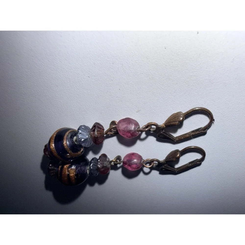 VTG Italy Wedding Cake Blue Pink Earrings Art Glass Venetian Murano Dangle Swirl